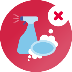 Un cerchio rosso con un disegno blu di un flacone di spray detergente e di un sapone schiumogeno all'interno, con una x rossa per rappresentare i prodotti che non devono essere utilizzati per la pulizia delle apparecchiature CPAP.