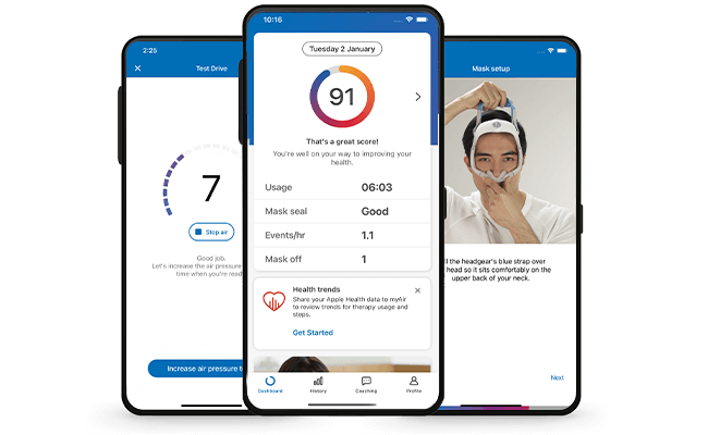 App myAir con dati relativi al sonno, regolazione della maschera e schermate di test della maschera stessa