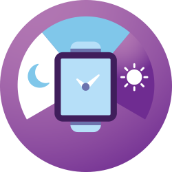 Un'icona rotonda viola con un diagramma di un orologio e una luna e un sole all'interno per indicare il sonno dalla notte al giorno.